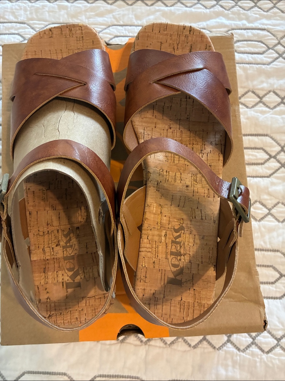 New !!!! Kork-Ease Brown Leather Cork Wedge Sandals - Picture 6 of 11